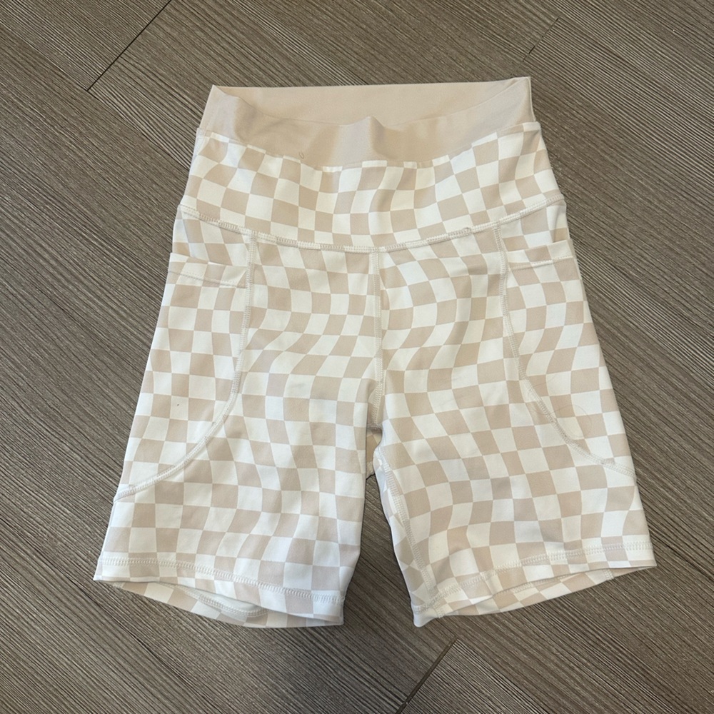 Wilo the Label Women's Checkered Bike Shorts in Cream and White
